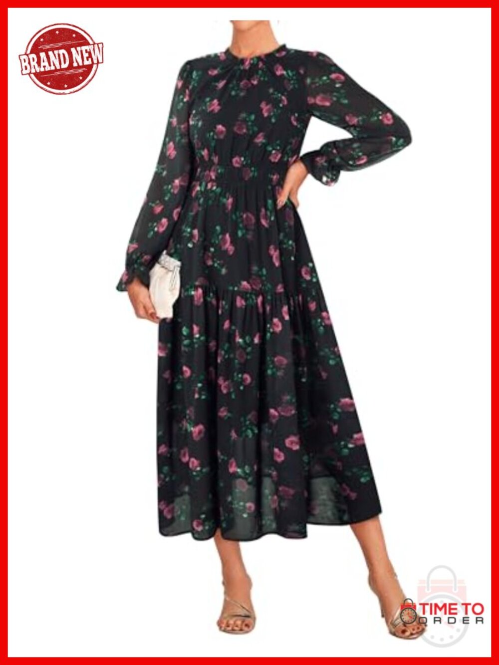 Women's Floral Long Sleeve Chiffon Maxi Dress Tiered A-Line Wedding Guest